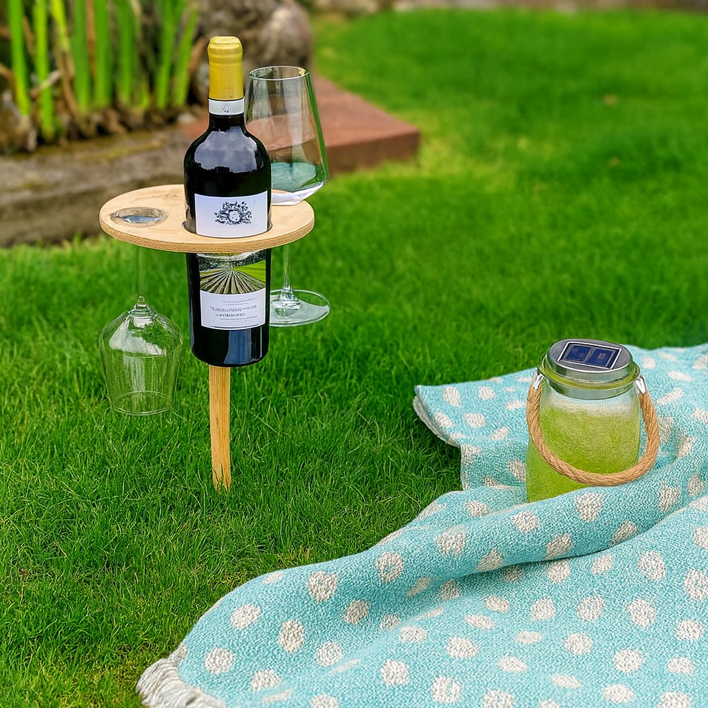 Soporte para vino de mesa de picnic con pincho para exterior y superficie para aperitivos