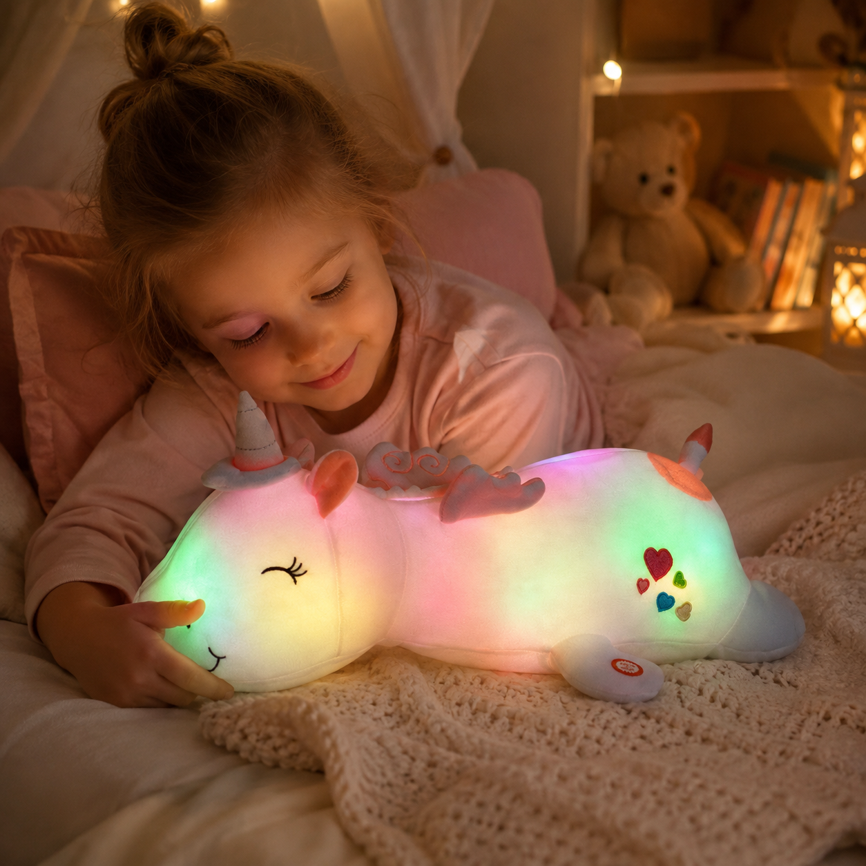 Luz nocturna de peluche con LED arcoíris, juguete acogedor para dormir