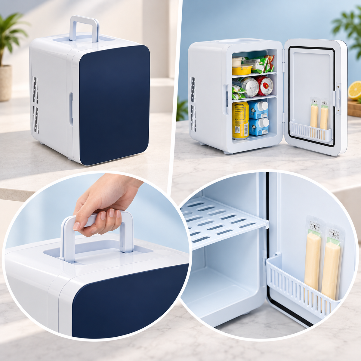 Portable Mini Fridge Car Compact Snacks Handle Door Shelf