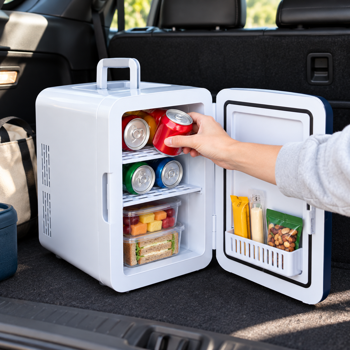 Portable Mini Fridge Car Compact Snacks Handle Door Shelf