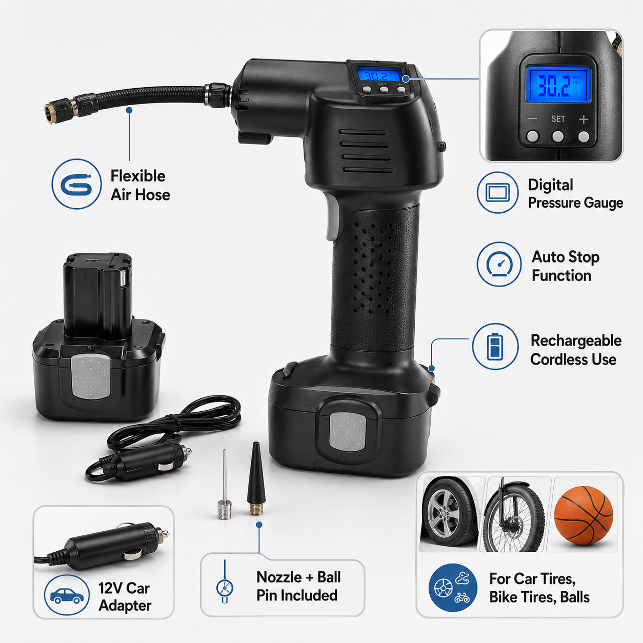 Portable Tire Inflator Rechargeable Digital Cordless Gauge