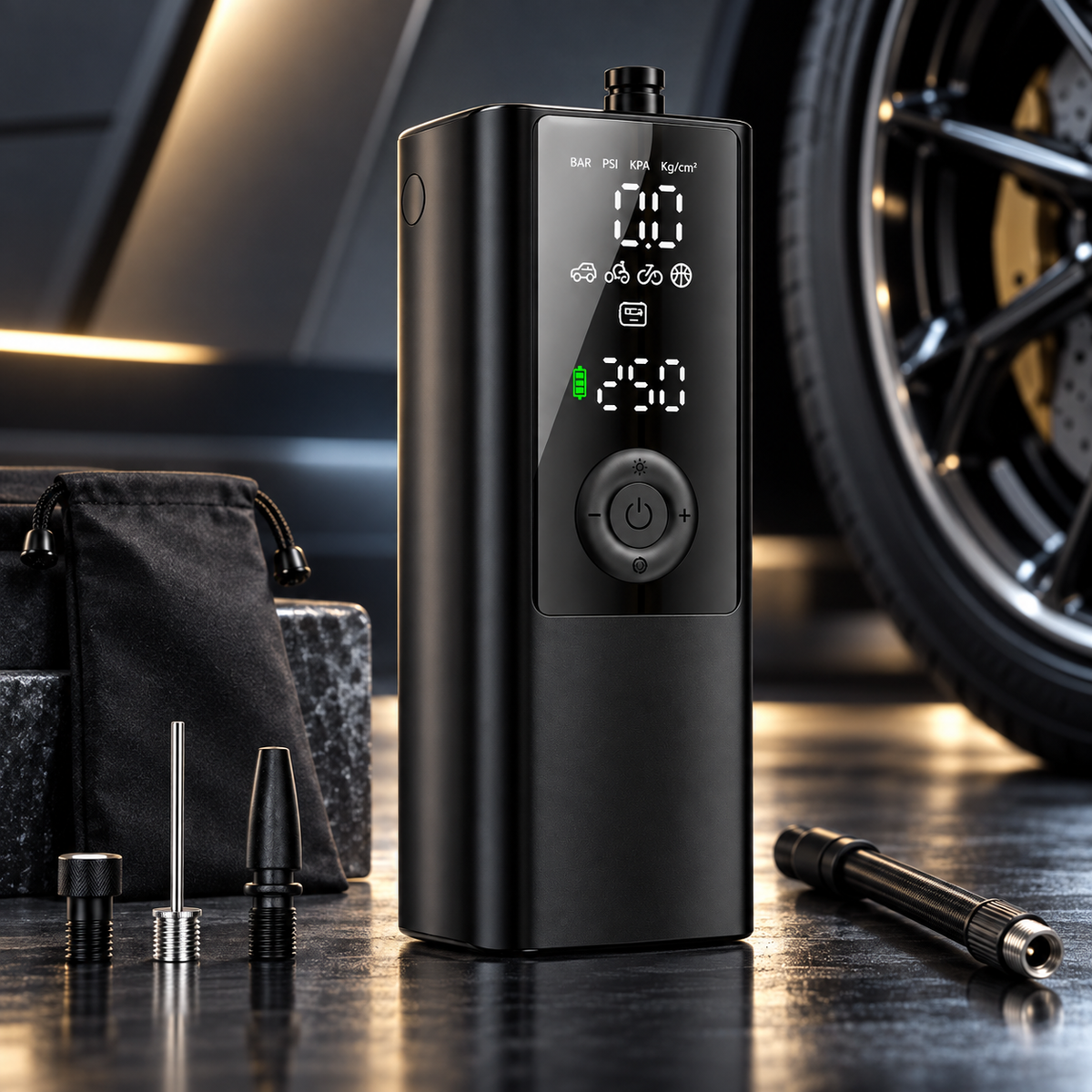 Pompă electrică portabilă pentru umflarea anvelopelor auto, cu afișaj digital