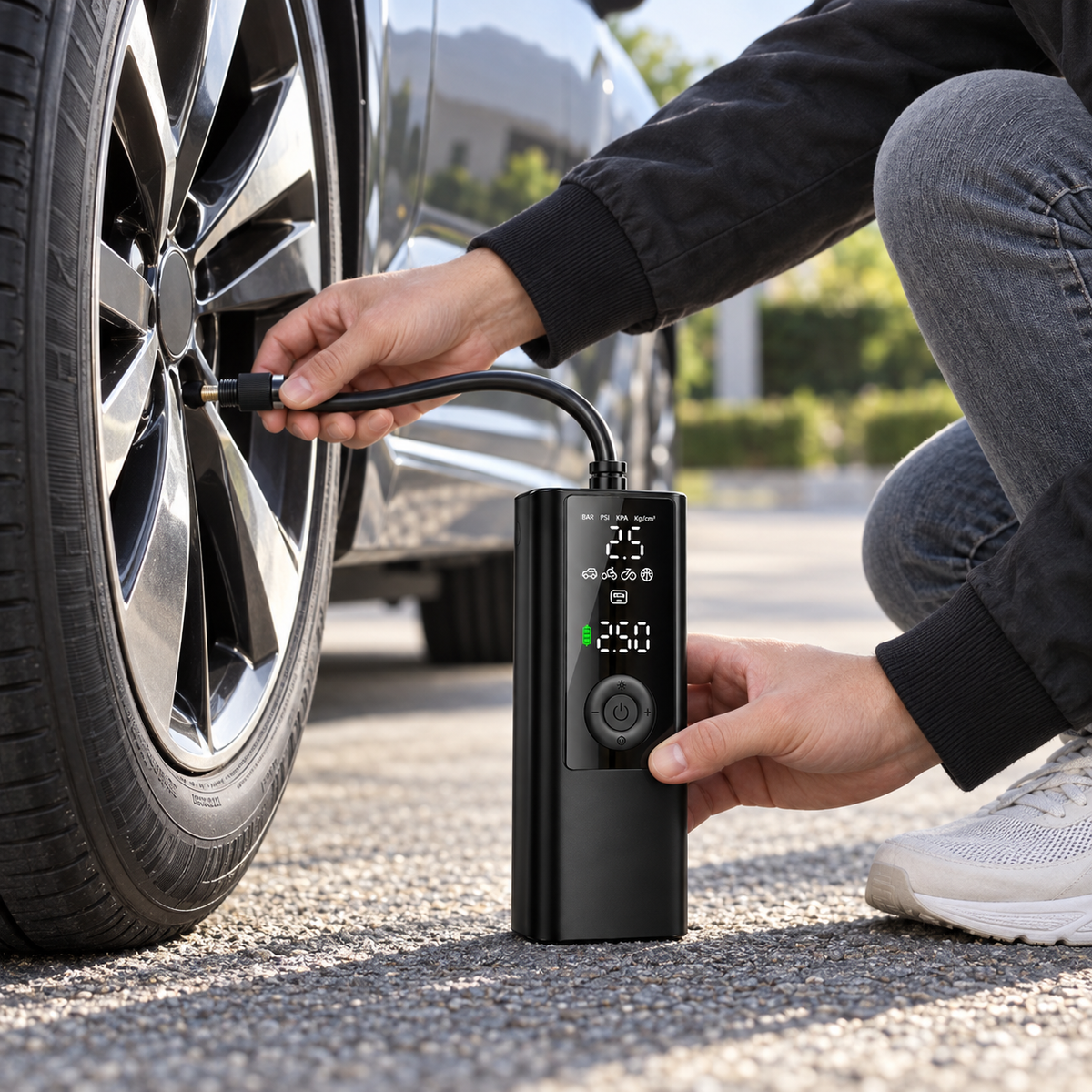 Pompă electrică portabilă pentru umflarea anvelopelor auto, cu afișaj digital