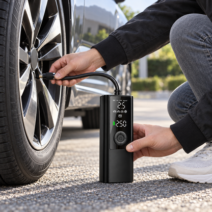 Pompă electrică portabilă pentru umflarea anvelopelor auto, cu afișaj digital