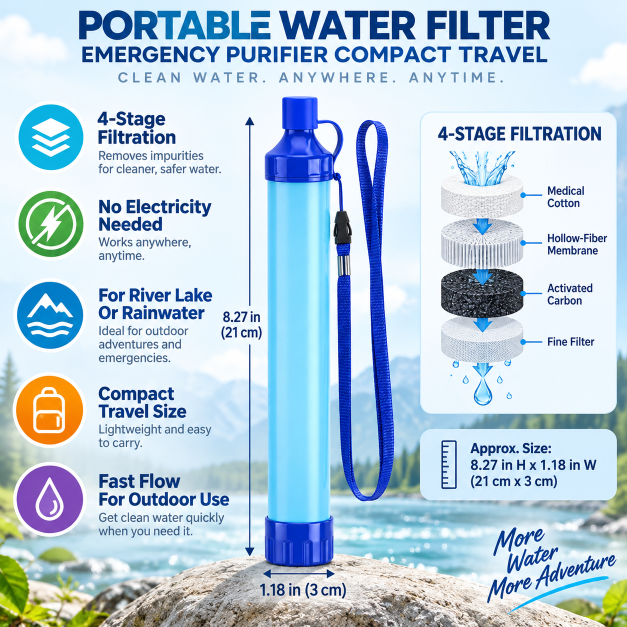 Filtro per acqua portatile, depuratore d'emergenza compatto da viaggio