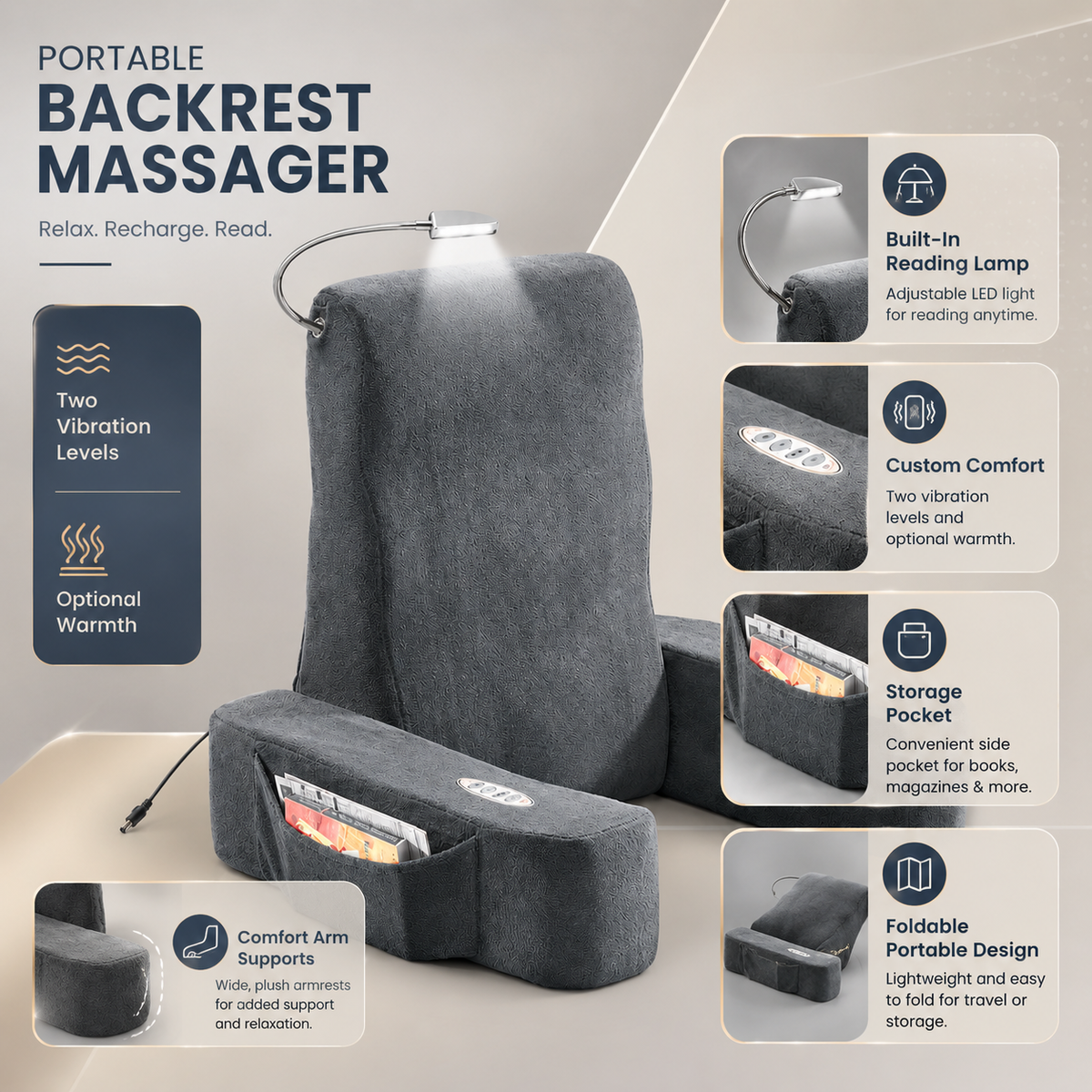 Portable Vibrating Backrest Massager Pockets Warmth