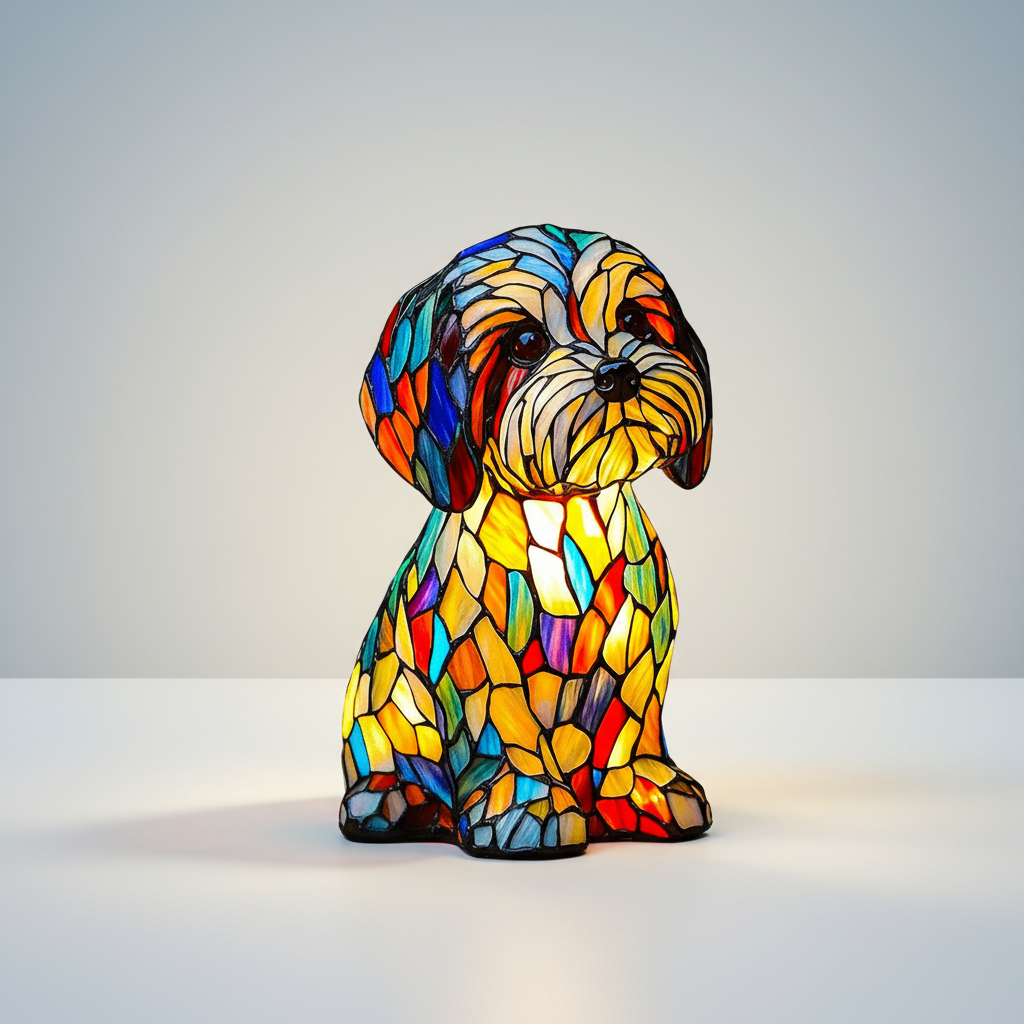 Table Lamp Stained Glass Dog LED Night Light Resin Decor
