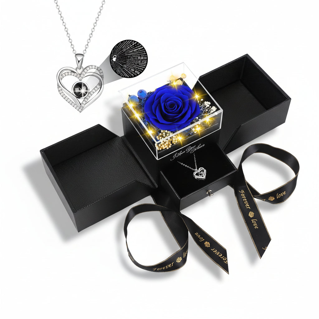 Caja de regalo con rosa, flor eterna preservada, collar de amor con luz LED