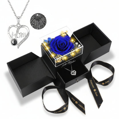 Caja de regalo con rosa, flor eterna preservada, collar de amor con luz LED