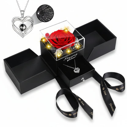 Caja de regalo con rosa, flor eterna preservada, collar de amor con luz LED