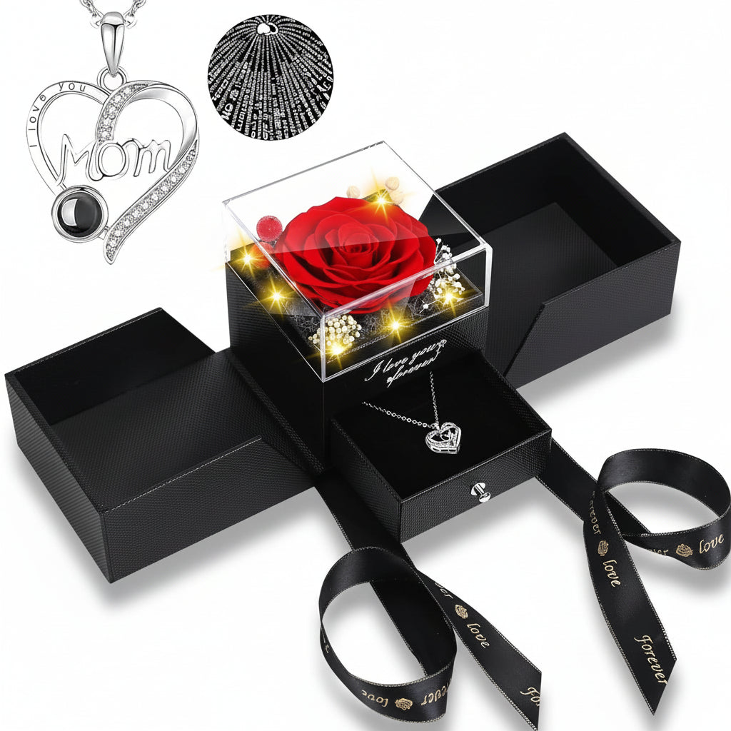 Caja de regalo con rosa, flor eterna preservada, collar de amor con luz LED