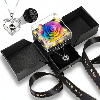 Caja de regalo con rosa, flor eterna preservada, collar de amor con luz LED