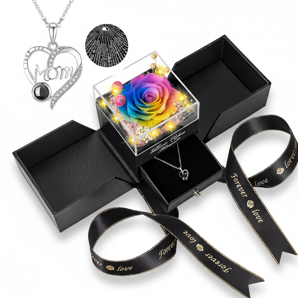 Caja de regalo con rosa, flor eterna preservada, collar de amor con luz LED