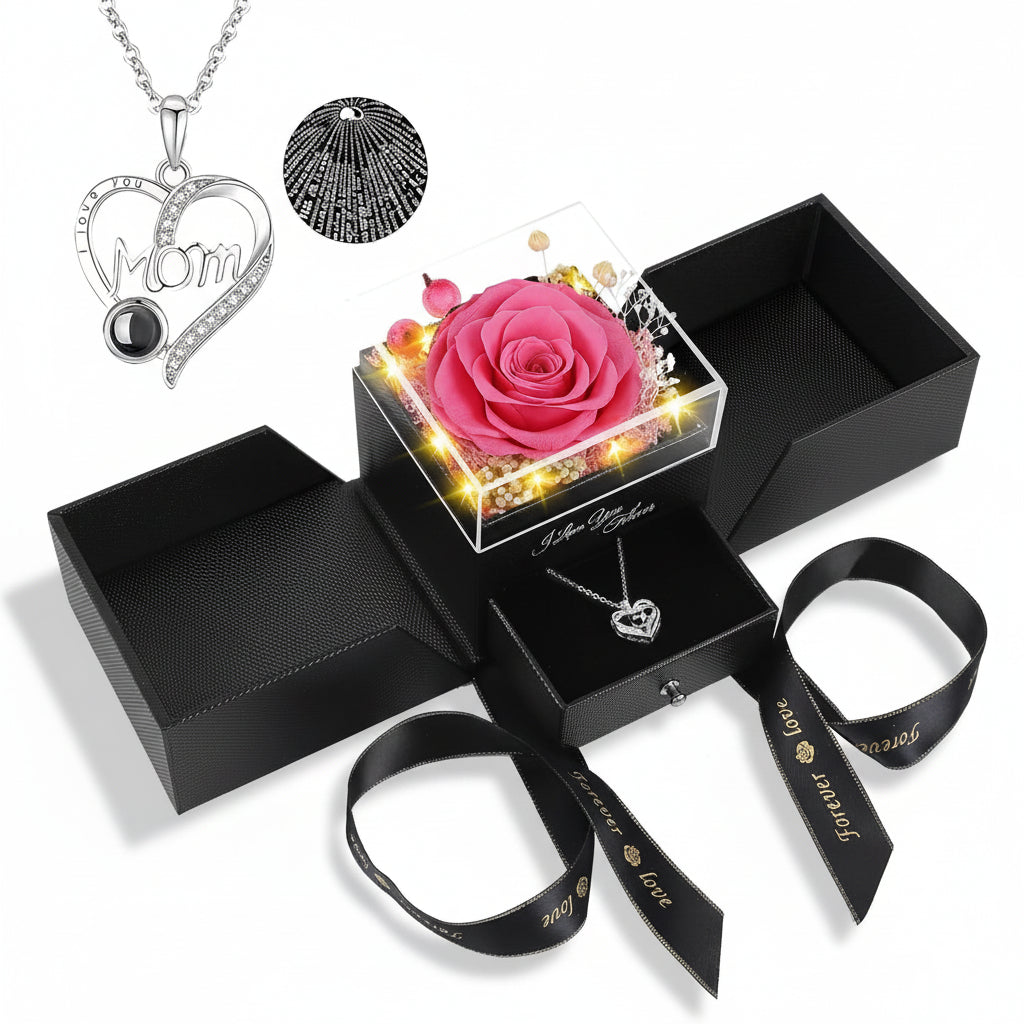 Caja de regalo con rosa, flor eterna preservada, collar de amor con luz LED