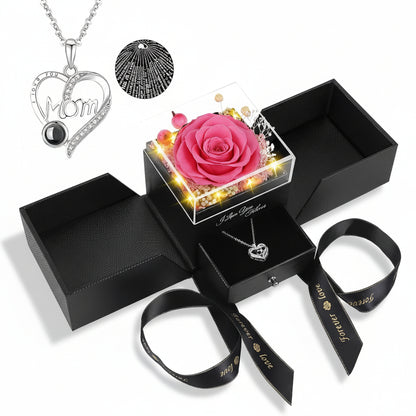Caja de regalo con rosa, flor eterna preservada, collar de amor con luz LED