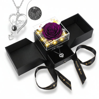 Caja de regalo con rosa, flor eterna preservada, collar de amor con luz LED
