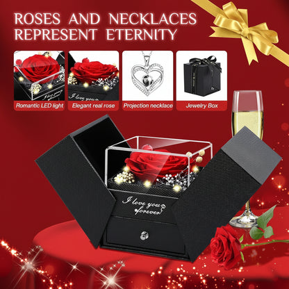 Caja de regalo con rosa, flor eterna preservada, collar de amor con luz LED
