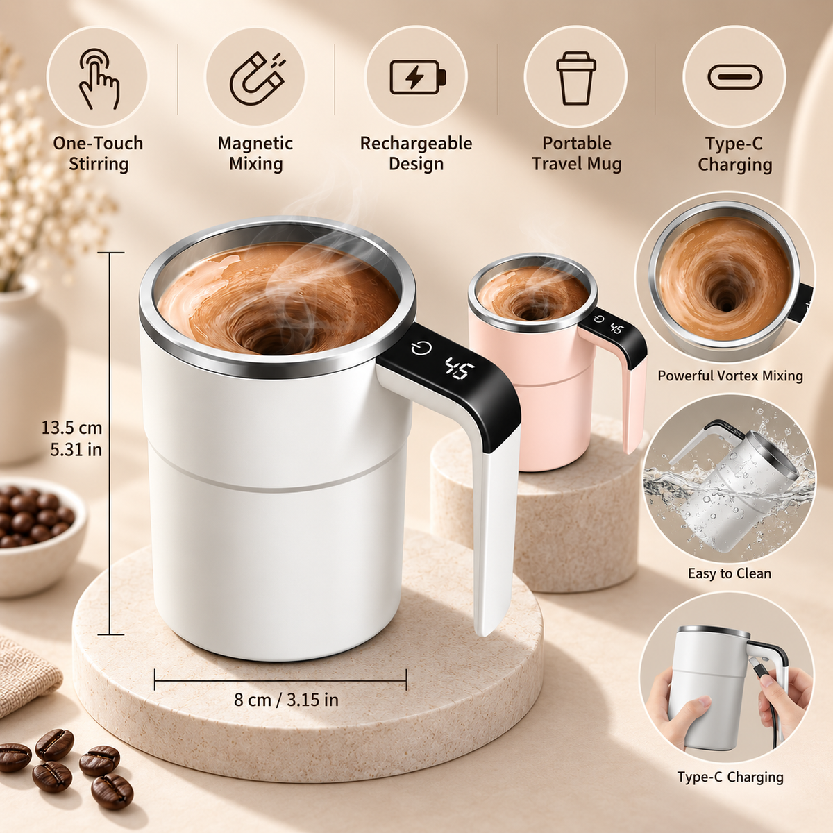 Genopladeligt kaffekrus, bærbart, selvomrørende, til rejser