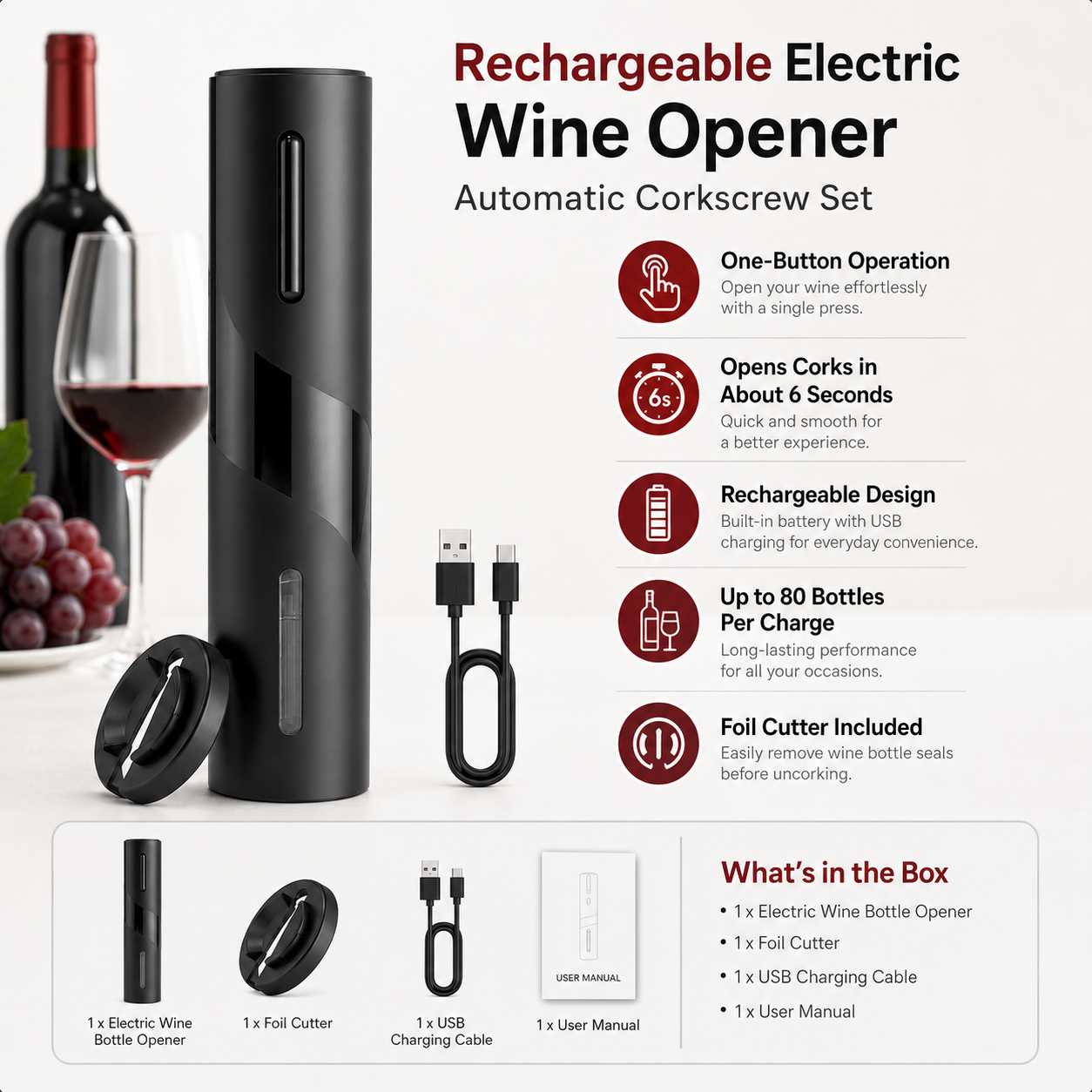 Rechargeable Electric Wine Opener Automatic Corkscrew Set
