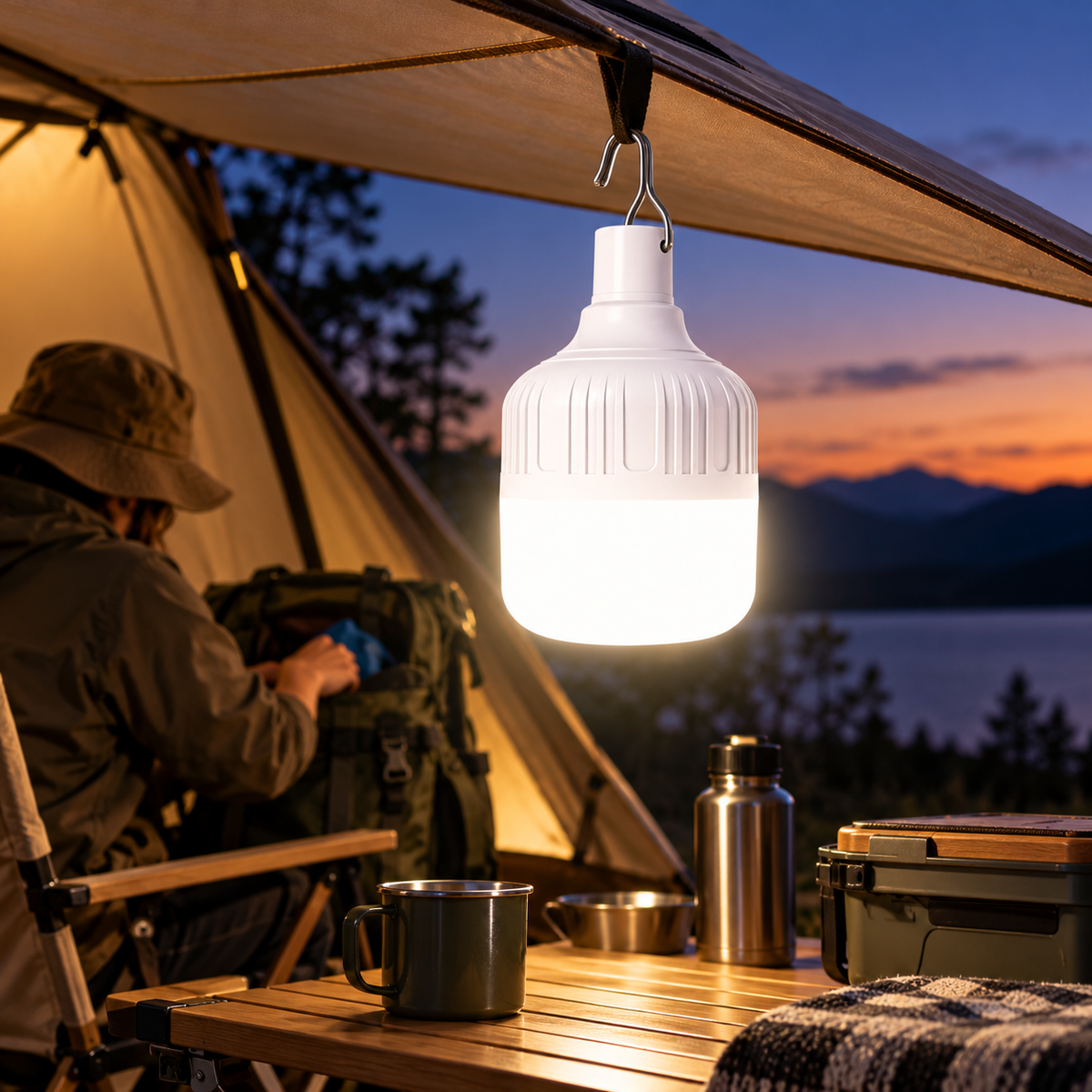 Genopladelig LED-lampe, transportabel, vandtæt og med ophængningsdesign