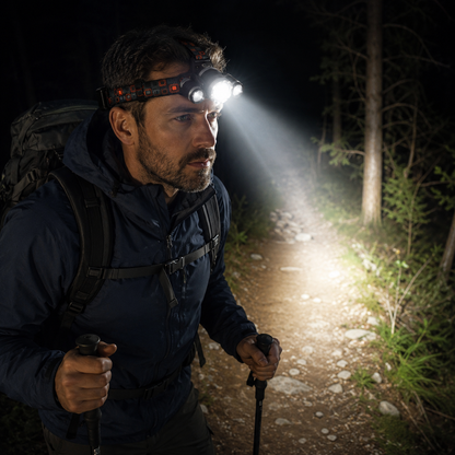 Lampada frontale LED ricaricabile con fascia regolabile per esterni