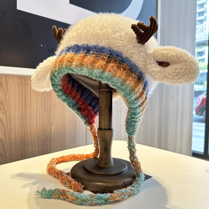 Reindeer Knit Beanie Hat for Kids and Adults Warm Winter Accessory 0