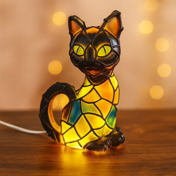 Lampada da tavolo in resina a forma di gatto stile Tiffany con luce calda