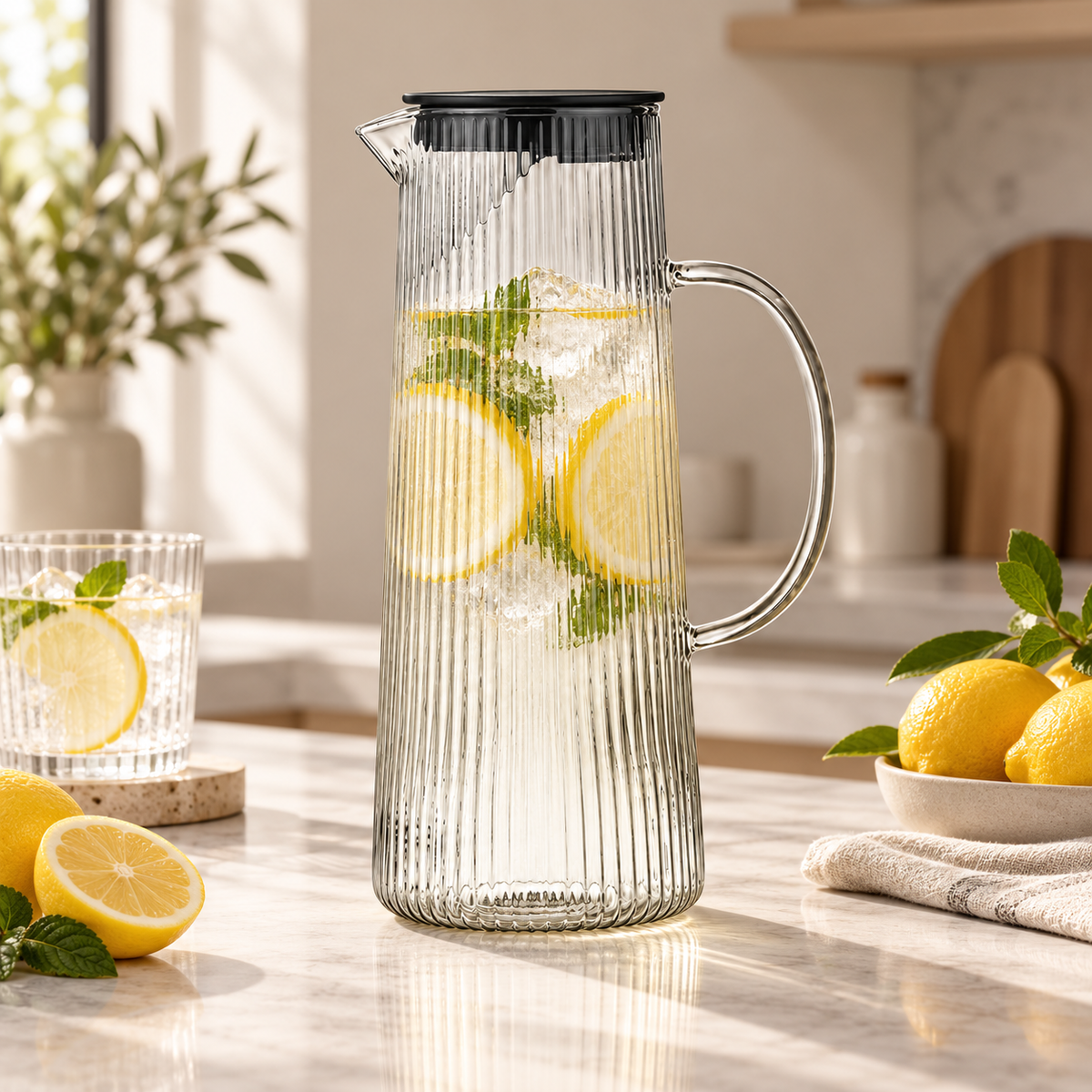 Caraffa in vetro a coste per limonata, lavorata a mano