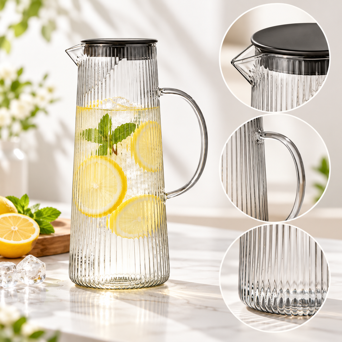 Caraffa in vetro a coste per limonata, lavorata a mano