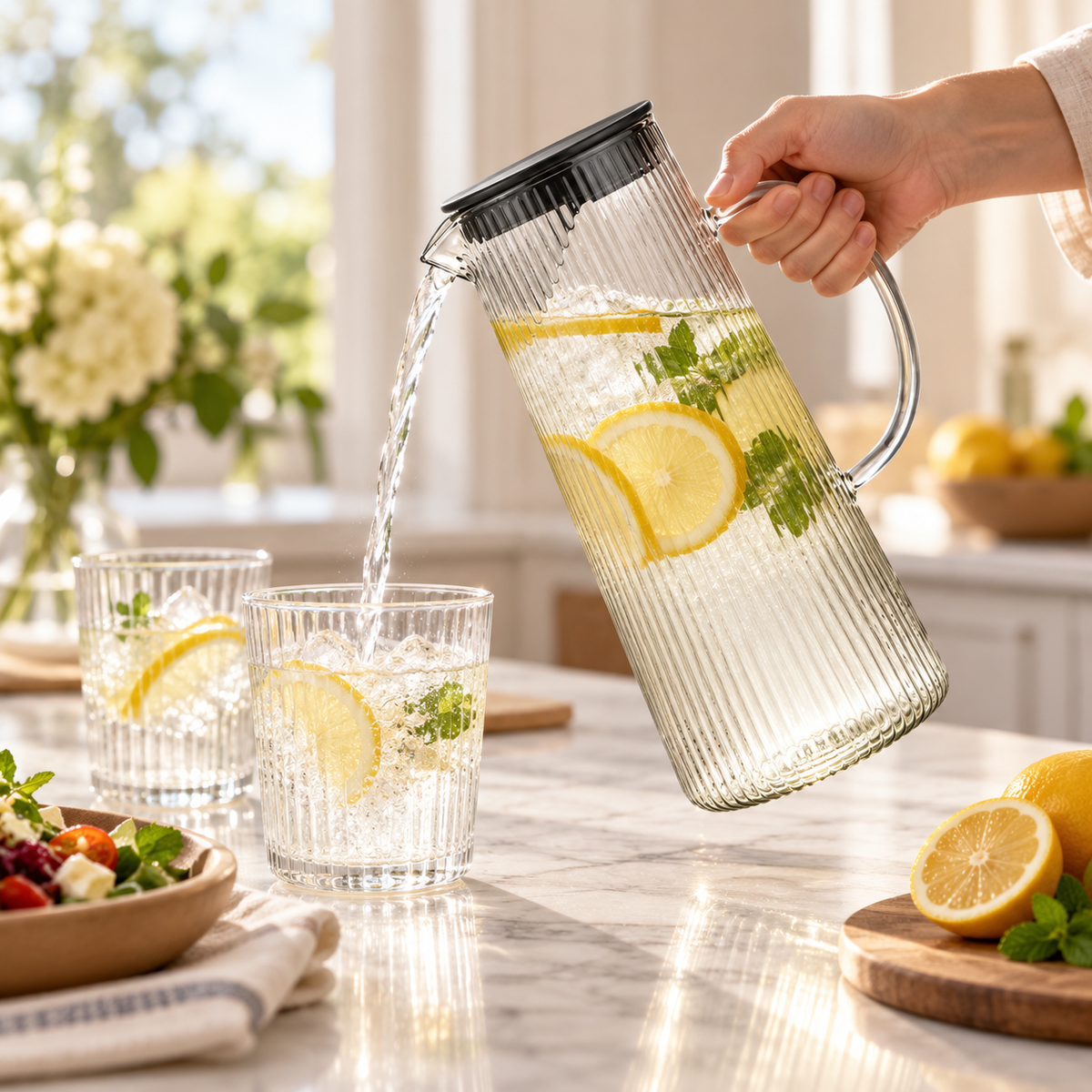 Caraffa in vetro a coste per limonata, lavorata a mano