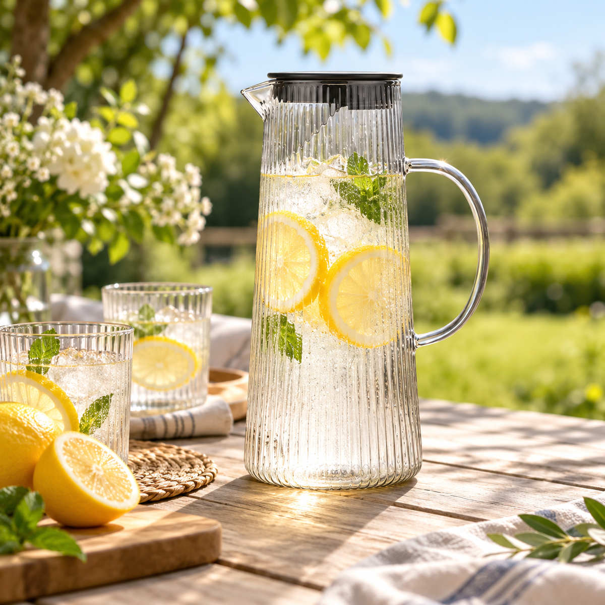 Caraffa in vetro a coste per limonata, lavorata a mano