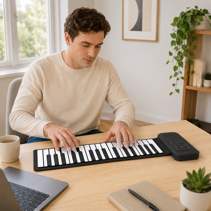 Sammenrulleligt piano med fleksibelt design og integreret højttaler, der er nemt at tage med