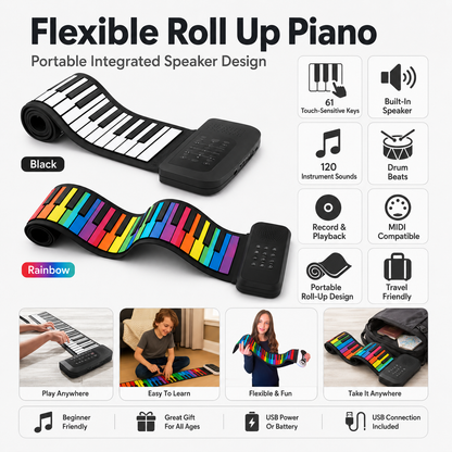 Sammenrulleligt piano med fleksibelt design og integreret højttaler, der er nemt at tage med