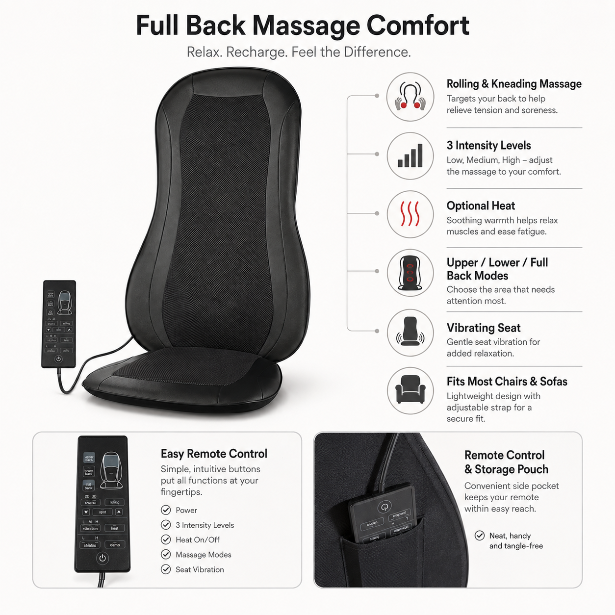 Vibrerende ergonomisk massagesædehynde med rullende massage