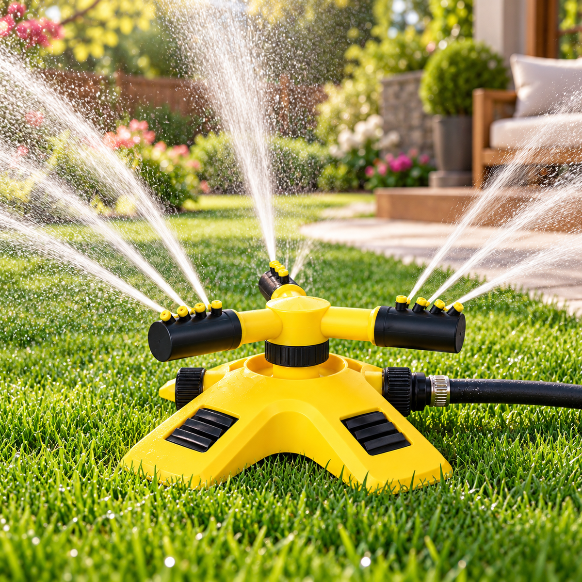 Roterende sprinkler til automatisk og jævn vanding af haven og gården