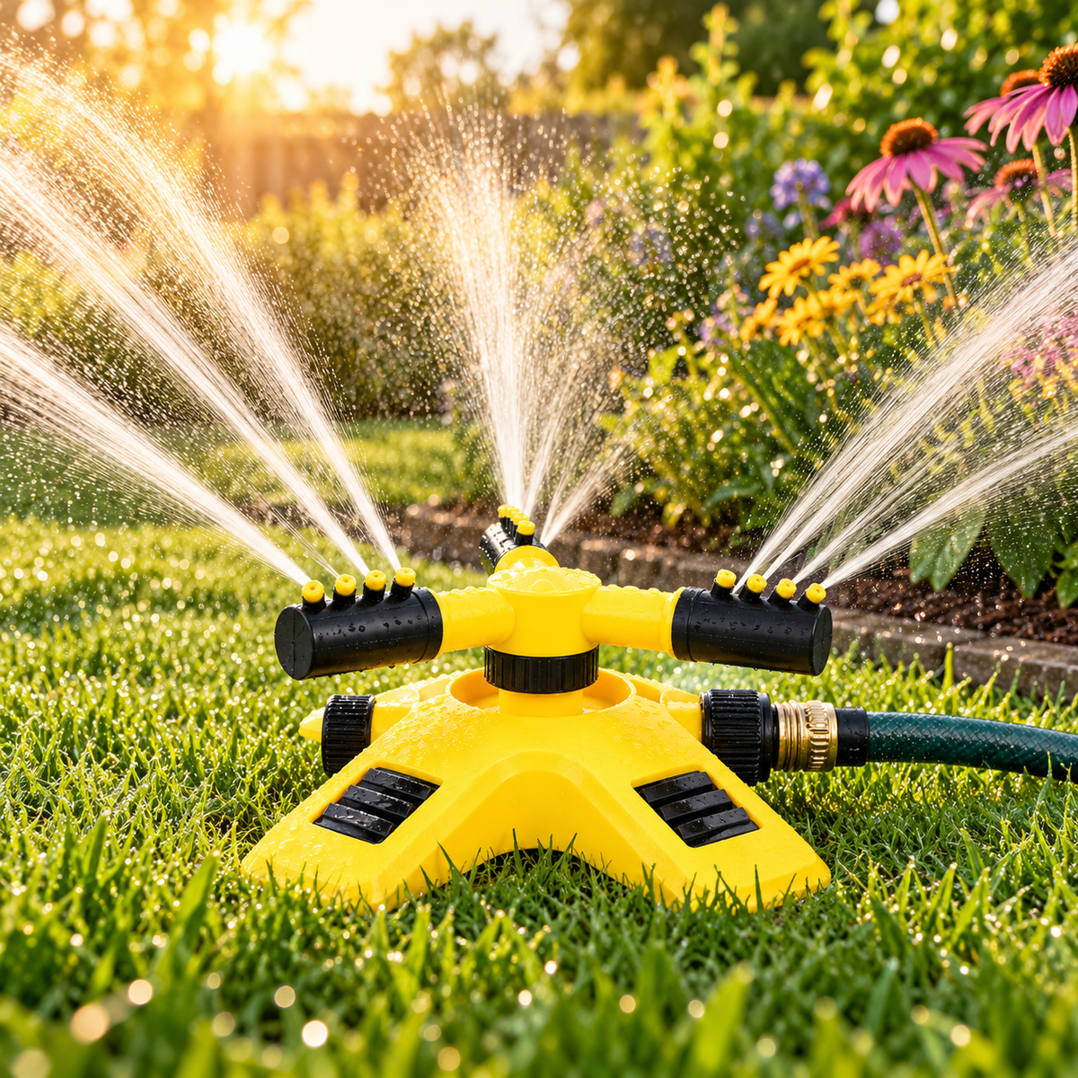 Roterende sprinkler til automatisk og jævn vanding af haven og gården