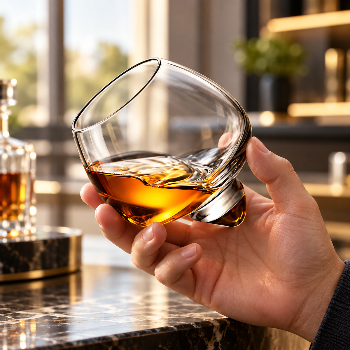 Vaso para whisky giratorio, ergonómico, no tóxico y de diseño único