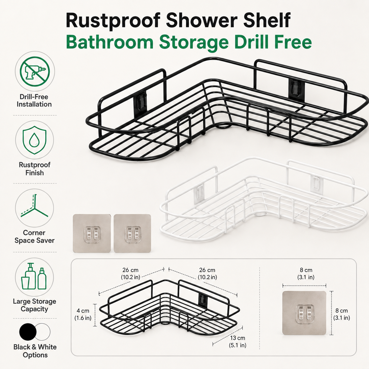 Rustproof Shower Shelf Bathroom Storage Drill Free