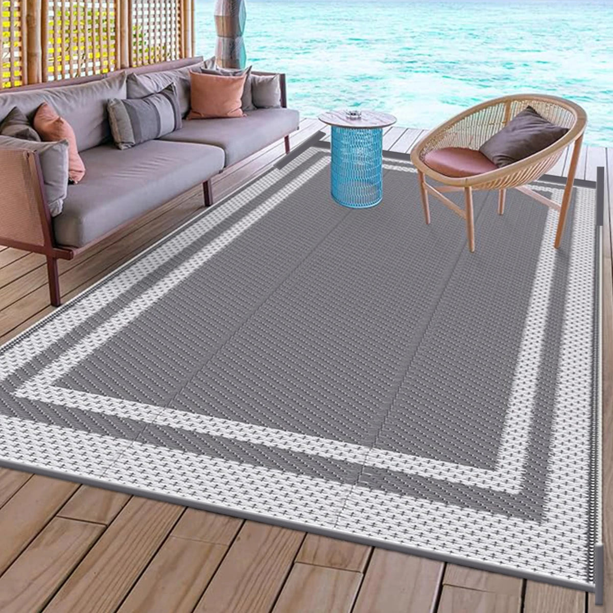 Coastal Retreat Outdoor Rug | Grey & White Reversible Patio Mat