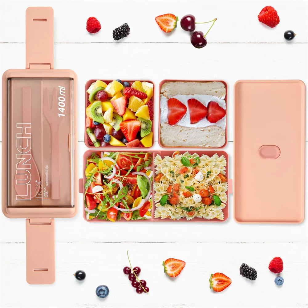 1400ml Double Layer Bento Box | Portable Lunch Box with Fork & Spoon – Microwave Safe Food Storage for Kids & Adults