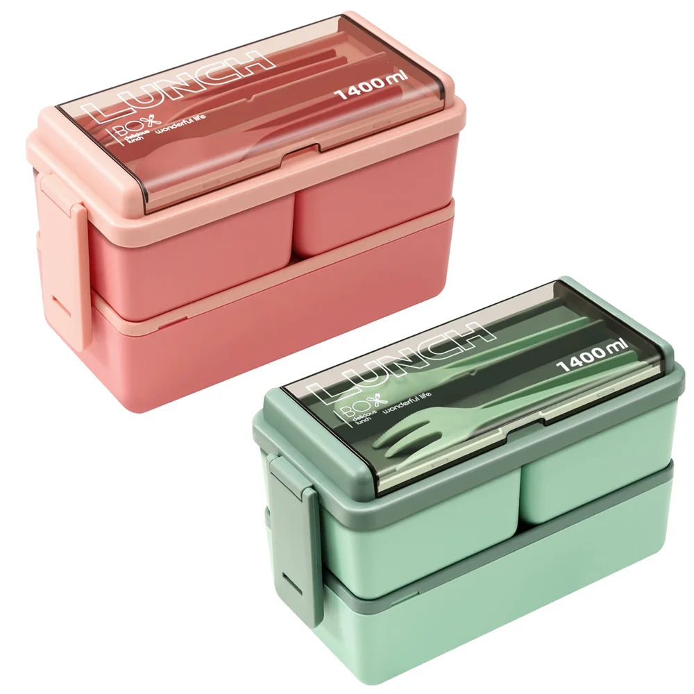1400ml Double Layer Bento Box | Portable Lunch Box with Fork & Spoon – Microwave Safe Food Storage for Kids & Adults