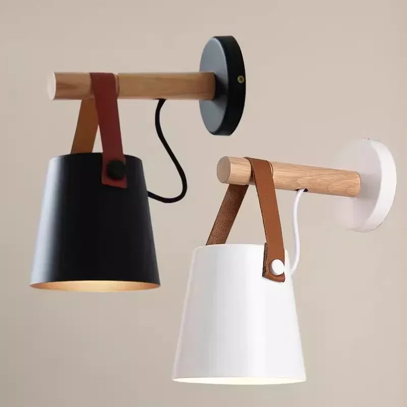 Nordic Wood & Leather Wall Lamp | Hanging Bedside Light