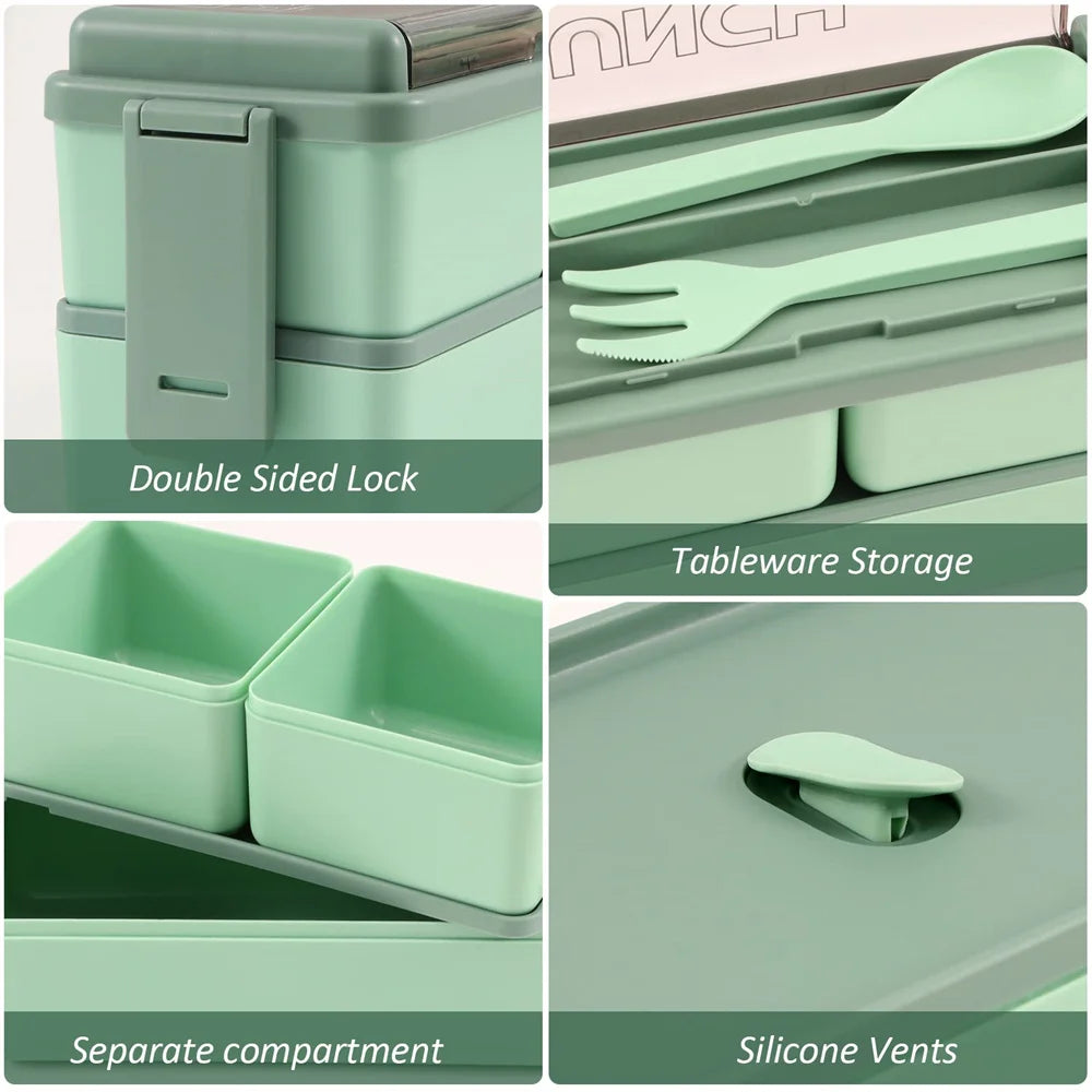 1400ml Double Layer Bento Box | Portable Lunch Box with Fork & Spoon – Microwave Safe Food Storage for Kids & Adults