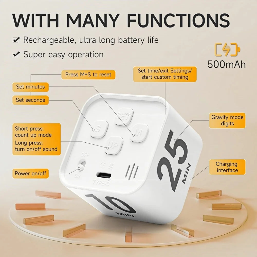 Digital Kitchen Timer | LED Visual Cube with 4 Preset Countdown Options – Cooking, Baking & Meal Prep Timer