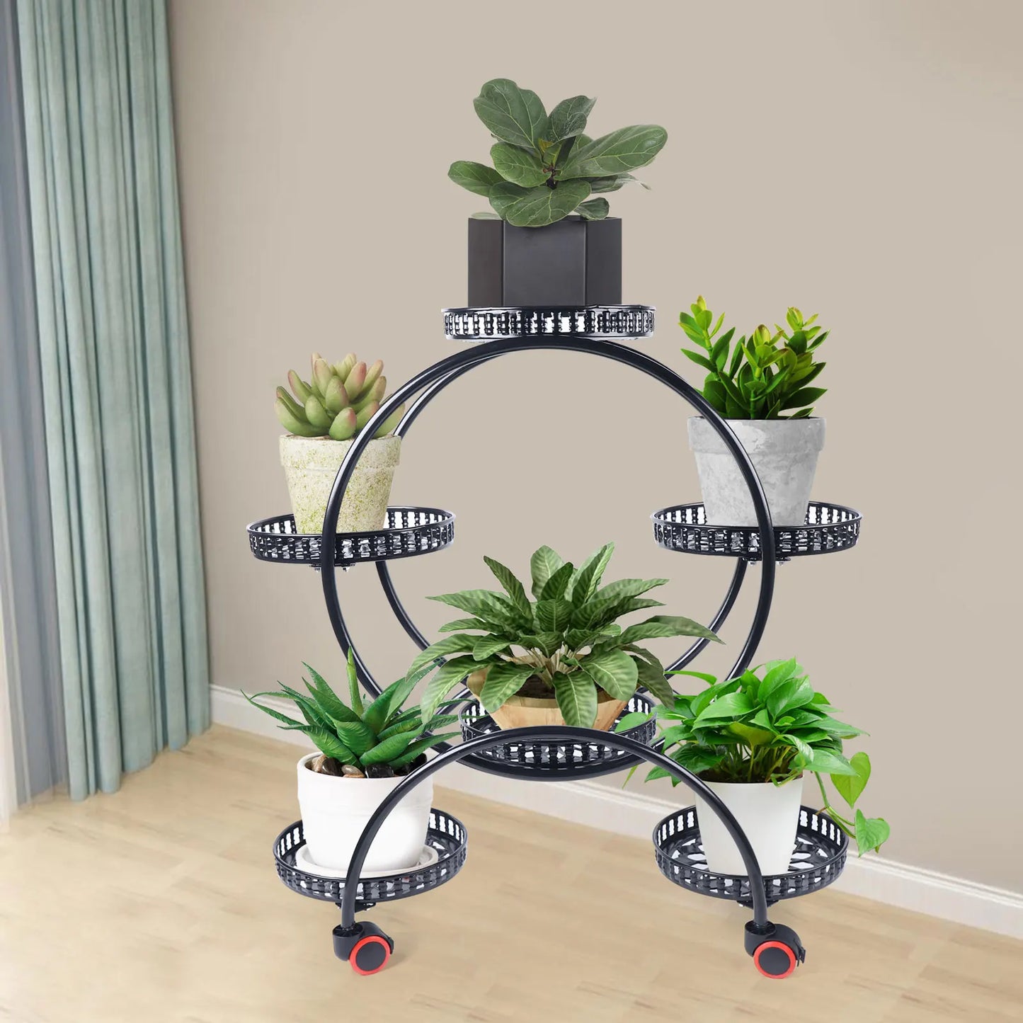 Metallisk planteholder med hjul | 6-niveau blomsterpotteholder til indendørs og udendørs dekoration
