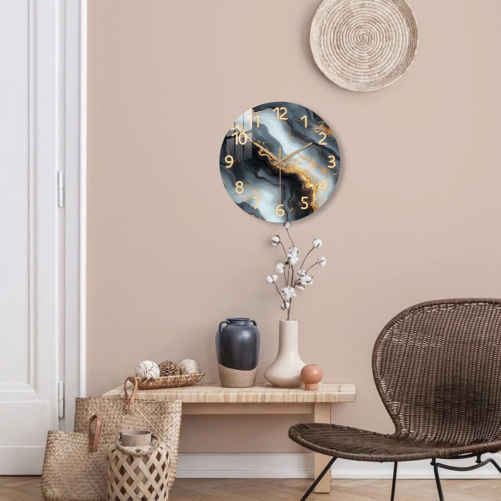 Blue & Gold Marble Wall Clock | Silent Wooden Design