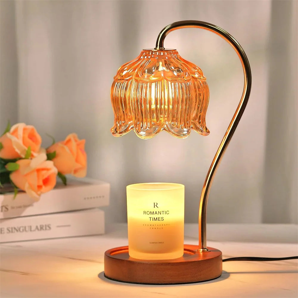 Candle Warmer Lamp | Retro Glass Shade & Solid Wood Base