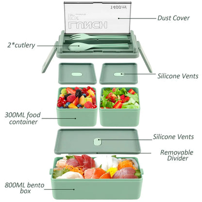 1400ml Bento-Box mit Doppelwand | Tragbare Brotdose mit Gabel & Löffel – Mikrowellengeeignete Lebensmittelaufbewahrung für Kinder & Erwachsene