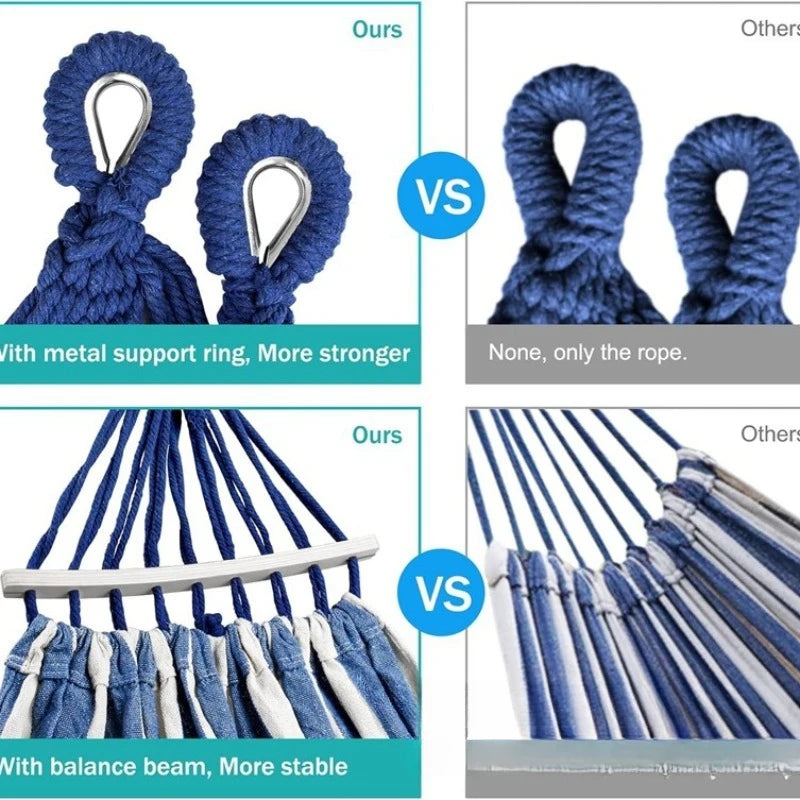 Hamaca Dublă din Pânză | Pat Suspendat Anti-Rotire cu Dispozitive din Lemn pentru Camping și Activități în Aer Liber