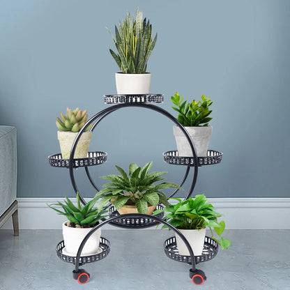 Metallisk planteholder med hjul | 6-niveau blomsterpotteholder til indendørs og udendørs dekoration